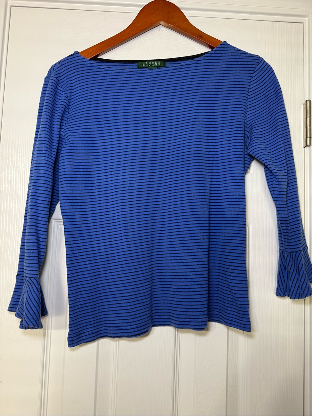LAUREN Ralph Lauren blue stripe 3/4 length ruffle/bell sleeve tee womens size L
